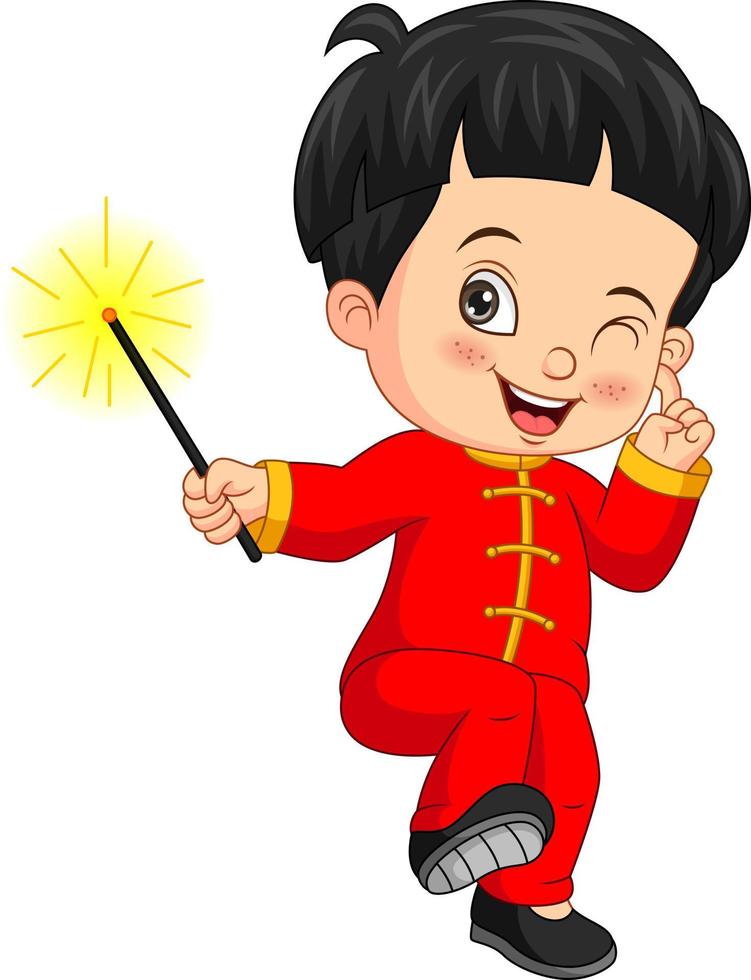 chinesischer Junge der Karikatur, der eine Wunderkerze hält vektor