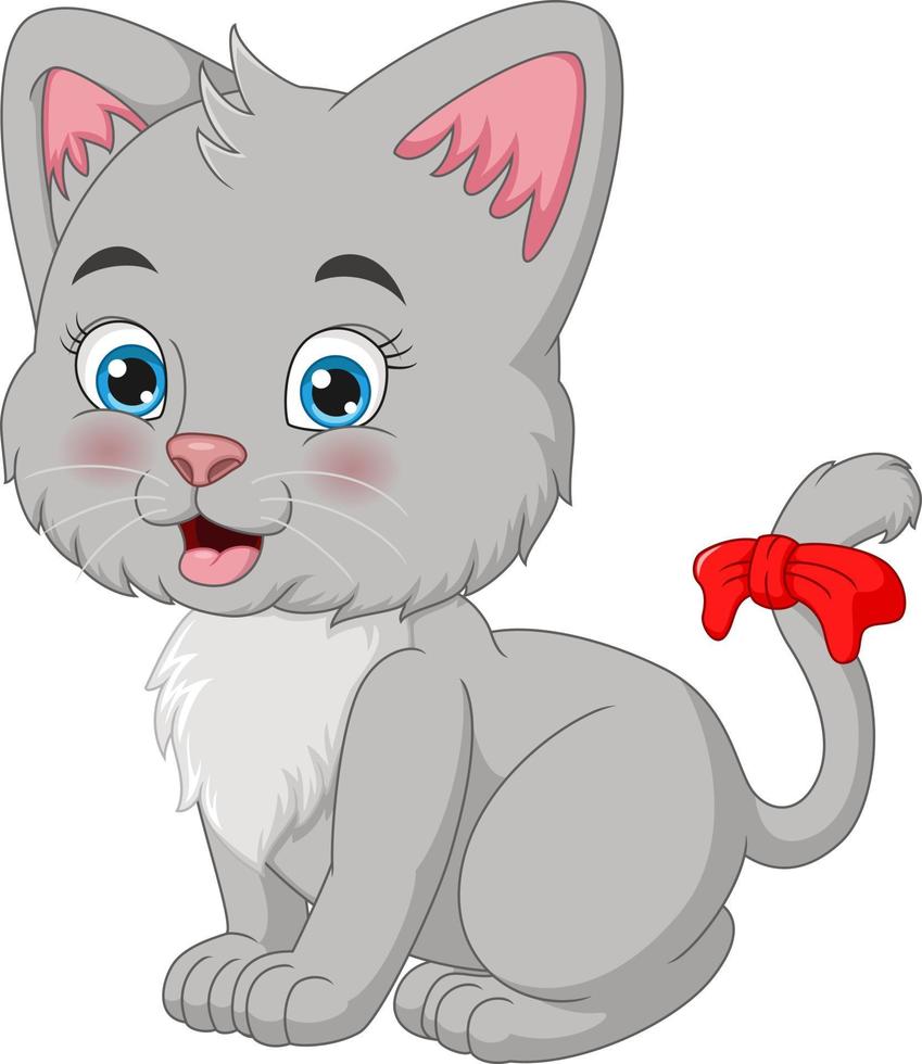 niedlicher katzenmädchen-cartoon mit roter schleife vektor
