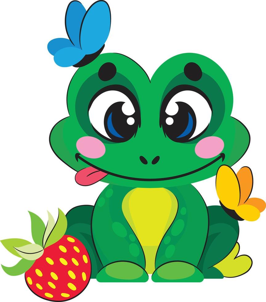 Ein kleiner süßer Frosch lächelt, Schmetterlinge sitzen darauf und Erdbeeren liegen in der Nähe vektor