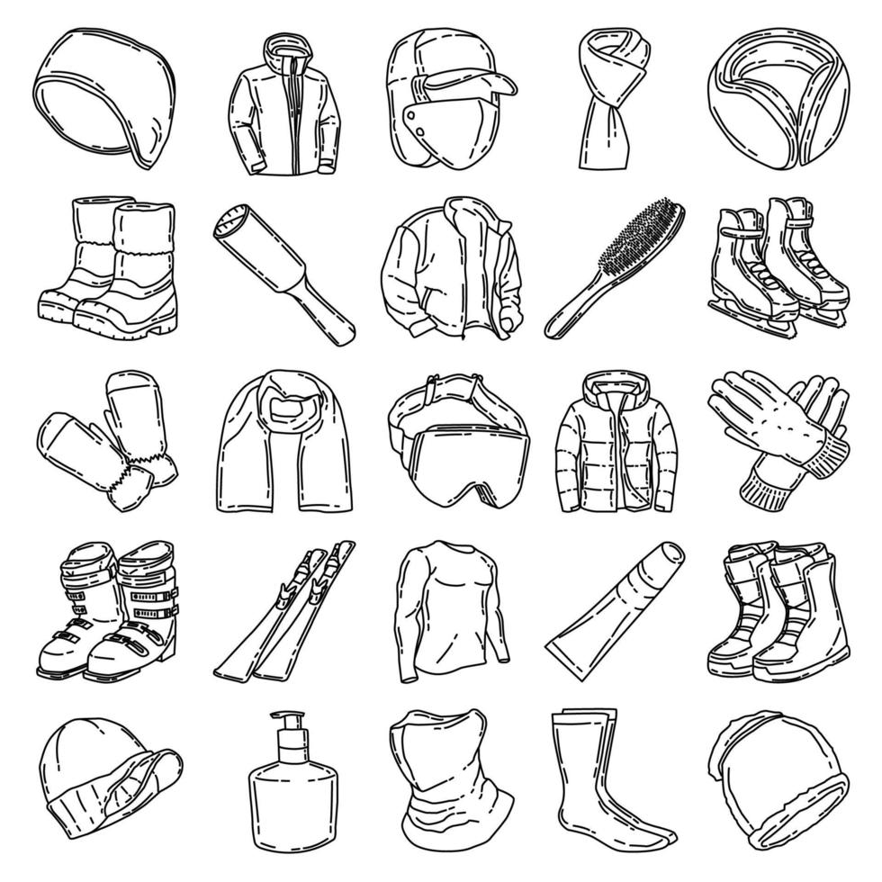 Winter-Accessoires und Aktivitäten für Männer setzen Icon-Vektor-Doodle-Hand gezeichnet oder umreißen Icon-Stil. vektor