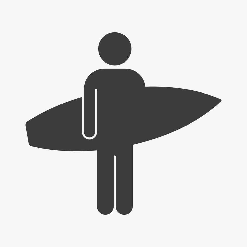Mann, der ein Surfbrettsymbol hält. Surfen-Vektor-Symbol isoliert auf weißem Hintergrund. Sommer-Wassersport-Piktogramm. vektor