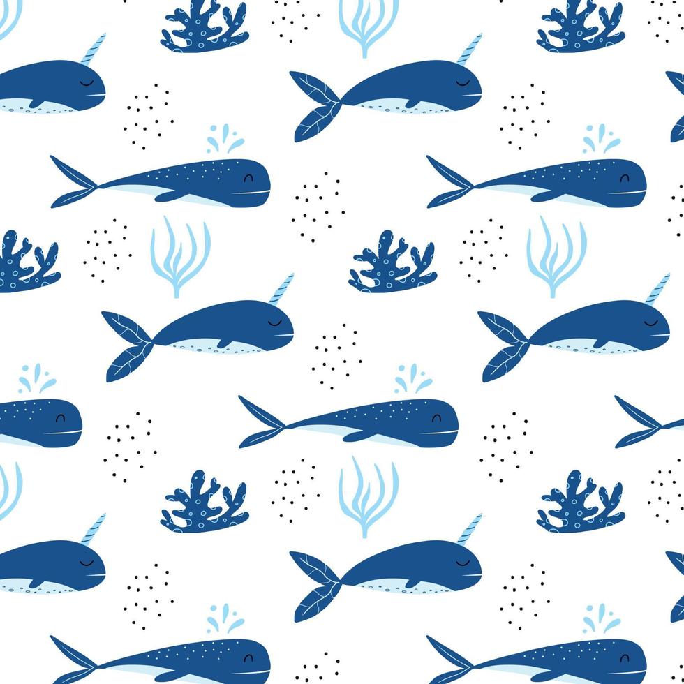 Kindermuster mit Blauwalen. Muster mit süßem Wal und Narwal. geeignet für Stoffe, Geschenkpapiere und Drucke. vektor