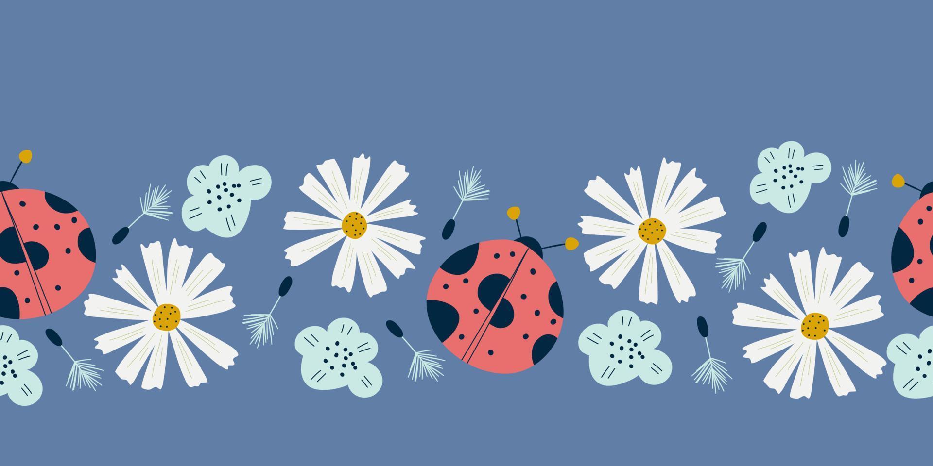 nahtlose Grenze mit Marienkäfer, Kamillenblumen. Frühlingsmuster mit Insekten und Blumen auf blauem Hintergrund. Löwenzahn und Marienkäfer für Sommerdesigns. vektorillustration im flachen stil. vektor