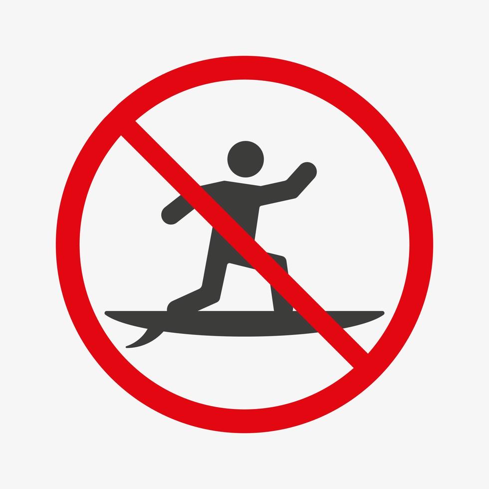 gekreuztes Surfvektorsymbol im roten Kreis isoliert auf weißem Hintergrund. Piktogramm für Wassersport im Sommer verbieten. kein Surfsymbol. vektor