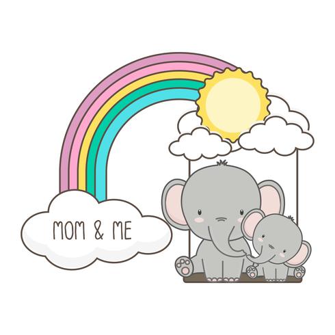 Elefant und Baby schwingen auf einem Regenbogen. vektor