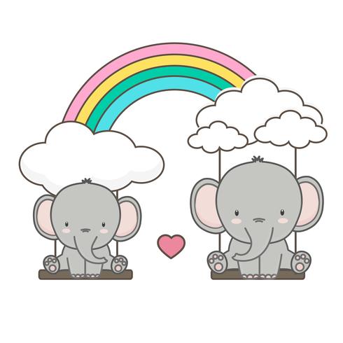 Elefant und Baby schwingen auf einem Regenbogen. vektor