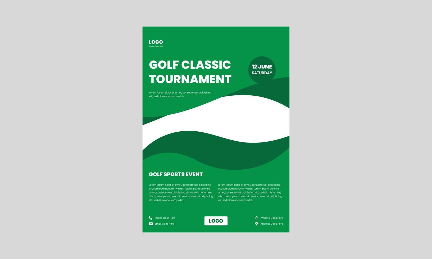 Flyer-Vorlage für Golfturniere. Flyerdesign für Golfsportveranstaltungen in grüner Farbe. vektor