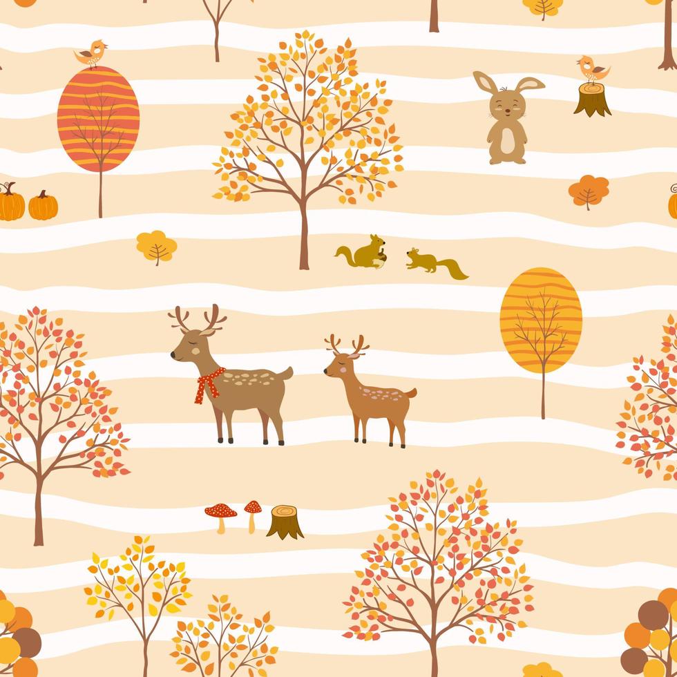 süße tiere glücklich im herbstwald, nahtloses muster im cartoon-stil für dekorativ, kinderprodukt, mode, stoff, textil, druck oder tapete vektor