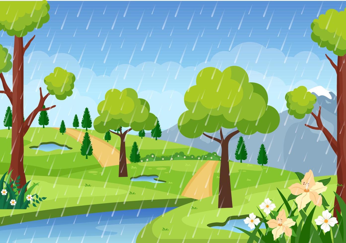 regnstorm bakgrundsvektorillustration vid regnigt väder med landskap stadsbild eller park och tom offentlig plats med pöl för banderoll eller affisch vektor