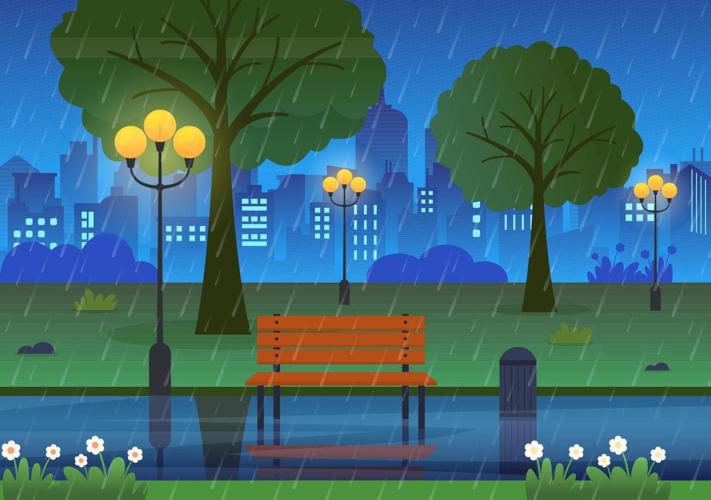 Regensturmhintergrund-Vektorillustration bei Regenwetter mit Landschaftsstadtbild oder -park und leerem öffentlichem Platz mit Pfütze für Fahne oder Plakat vektor