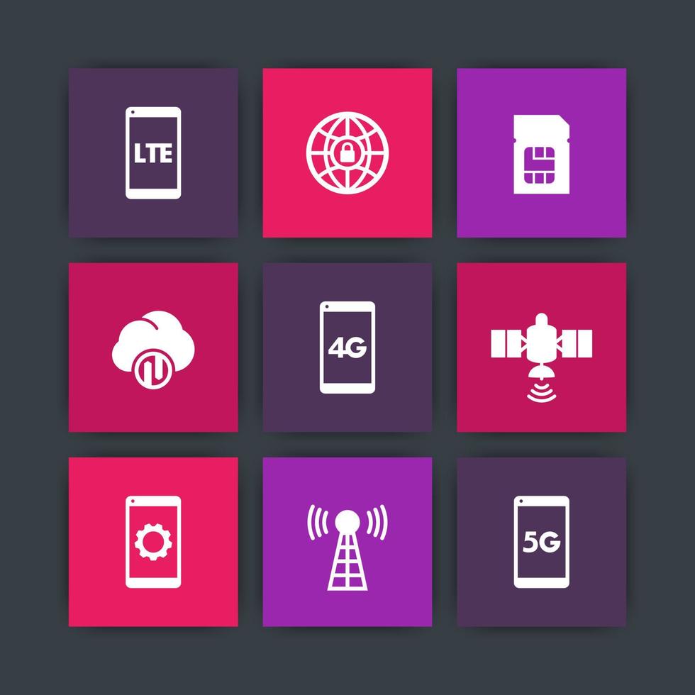 ikoner för trådlös teknik, 4g nätverkspiktogram, lte-ikon, mobilkommunikation, anslutningsskyltar, 4g, 5g mobilt internetsymboler, vektor