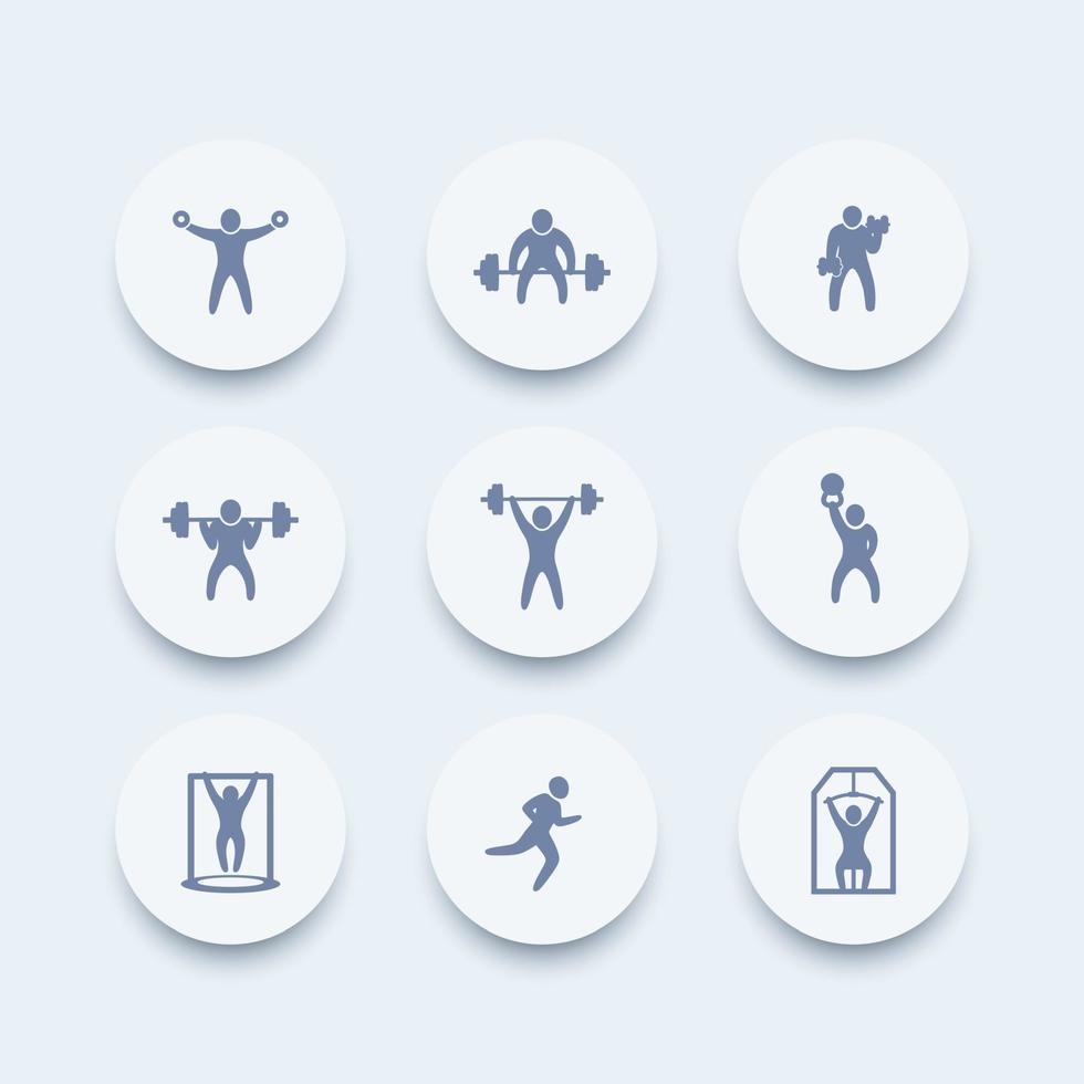 Fitnessstudio, Fitnessübungen runde Symbole, Fitnesstraining, Trainingssymbol, Fitnessübungen Piktogramme, Vektorillustration vektor