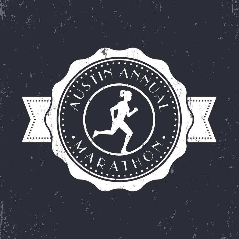 maraton vintage emblem, märke, rund maraton logotyp, maraton skylt med springande tjej, vektorillustration vektor