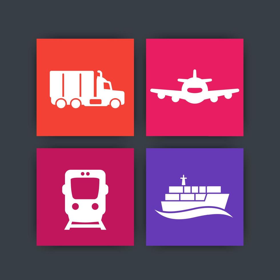 Symbole der Transportindustrie auf Quadraten, Frachtzugvektor, Lufttransport, Seeverkehr, Fracht-LKW-Symbol, vektor