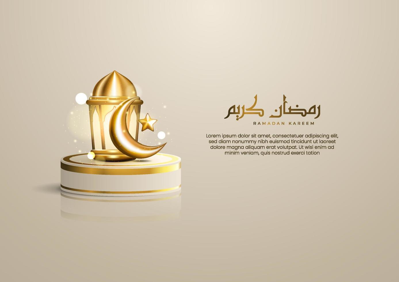 realistische islamische ramadan-grüße mit arabischer kalligrafie, goldenem halbmond, stern und laterne auf dem produktpodium vektor