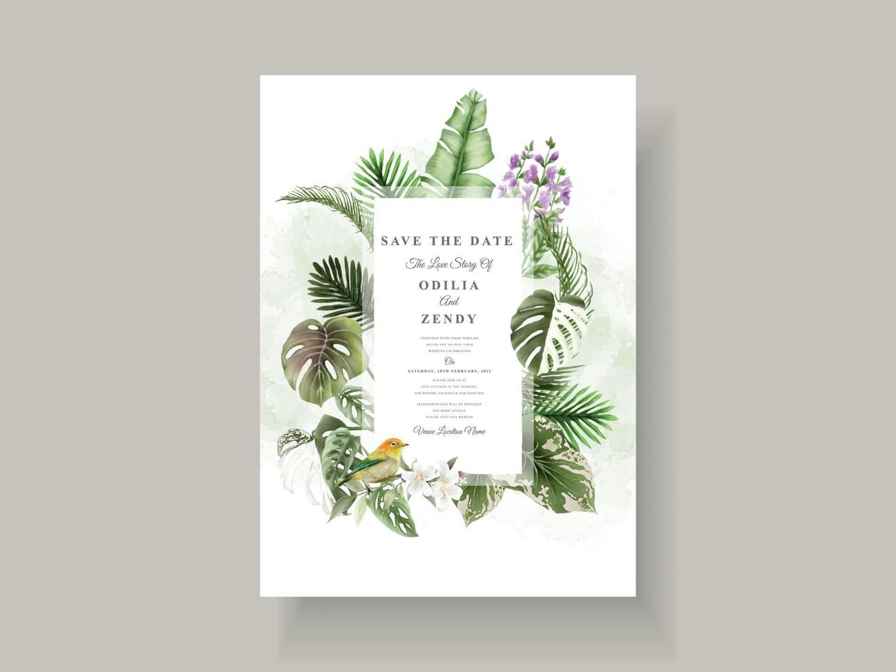 vackert blommigt tropiskt bröllopsinbjudningskort vektor