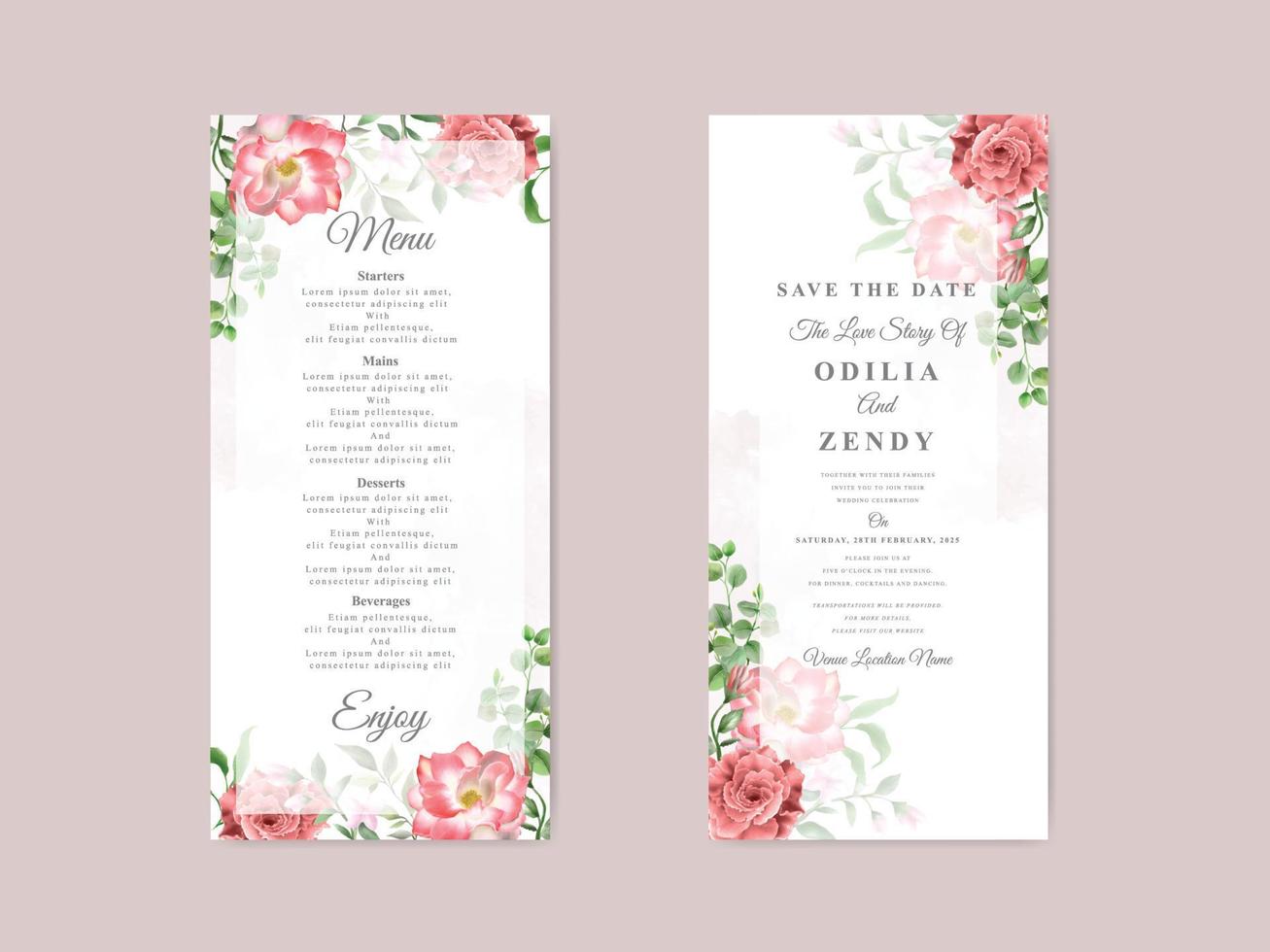 elegante Hochzeitseinladungsschablone mit schönem Blumenmuster vektor