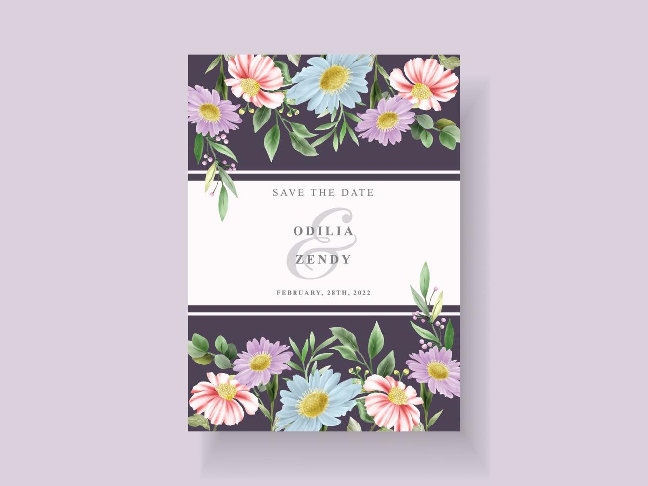 bröllop inbjudningskort med vacker blomma och löv akvarell vektor