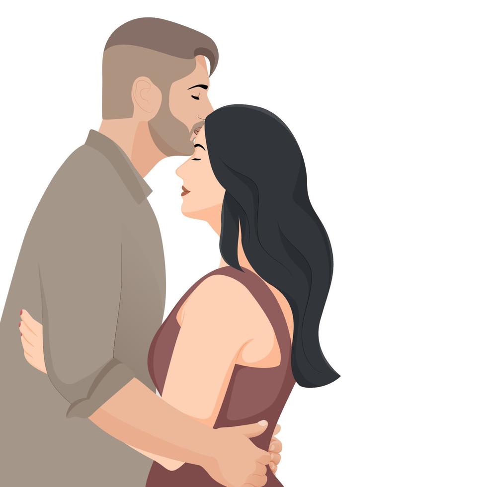 glücklicher valentinstag, niedliches paar stirnkuss charaktervektorillustration auf weißem hintergrund, charakterillustration für junge paarthemenprojekte wie hochzeit und valentinstag. vektor