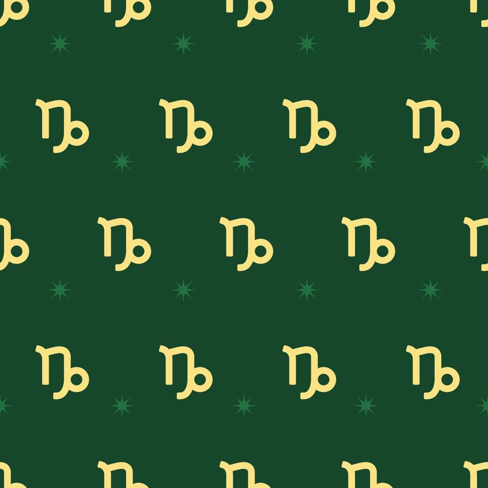 zodiac sömlösa guld mönster. upprepande Stenbocken tecken med stjärnor på den gröna bakgrunden. vektor horoskop symbol