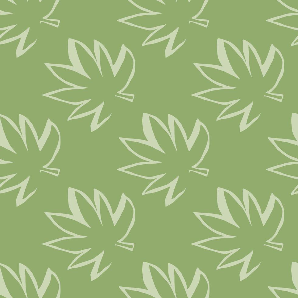 geometrisches nahtloses Muster mit grünen Hanfblättern und grünem Hintergrund. Marihuana-Kontur-Silhouette-Tapete. vektor