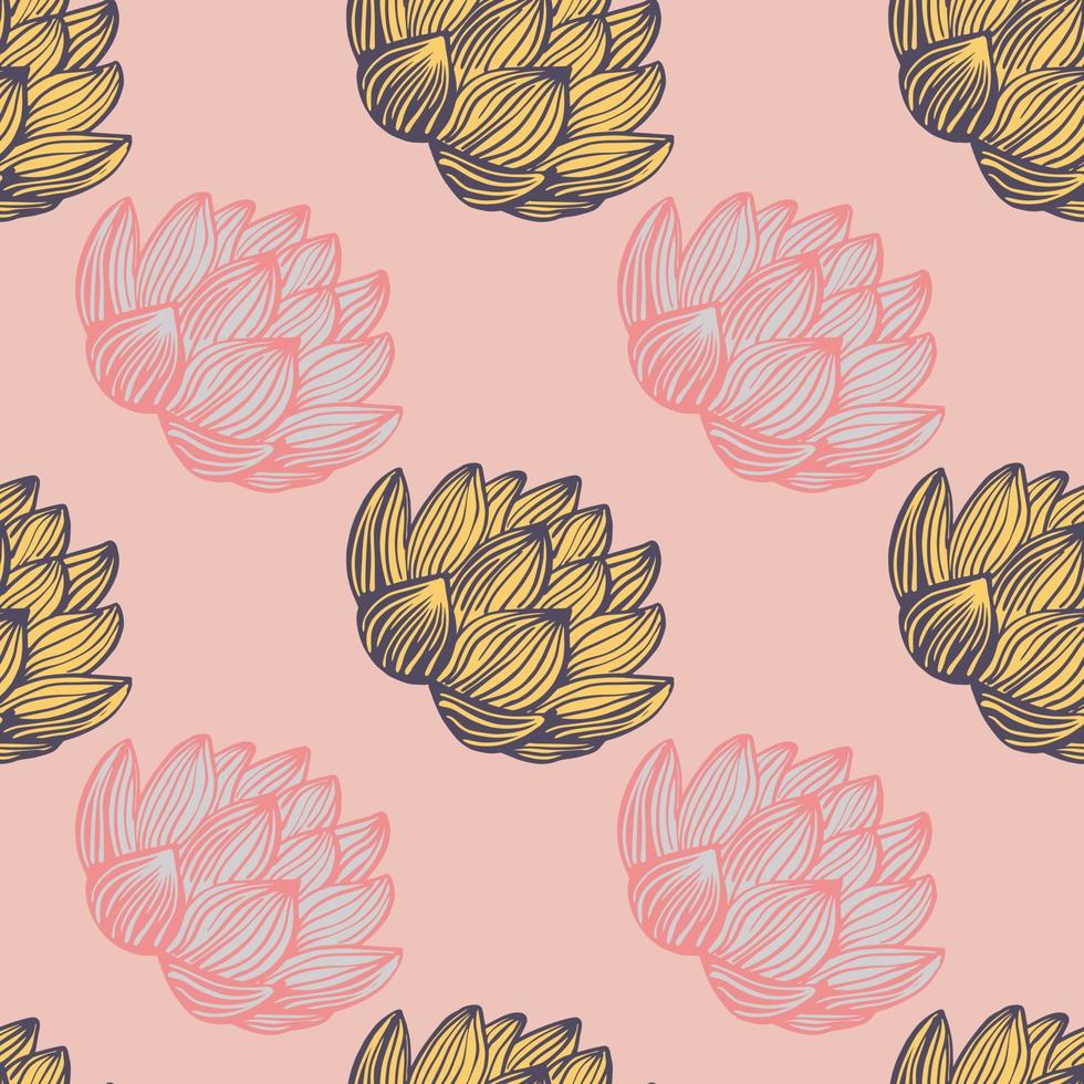 blommig doodle sömlösa mönster med konturerade lotusblommor former. rosa pastell palett konstverk. botaniskt tryck. vektor