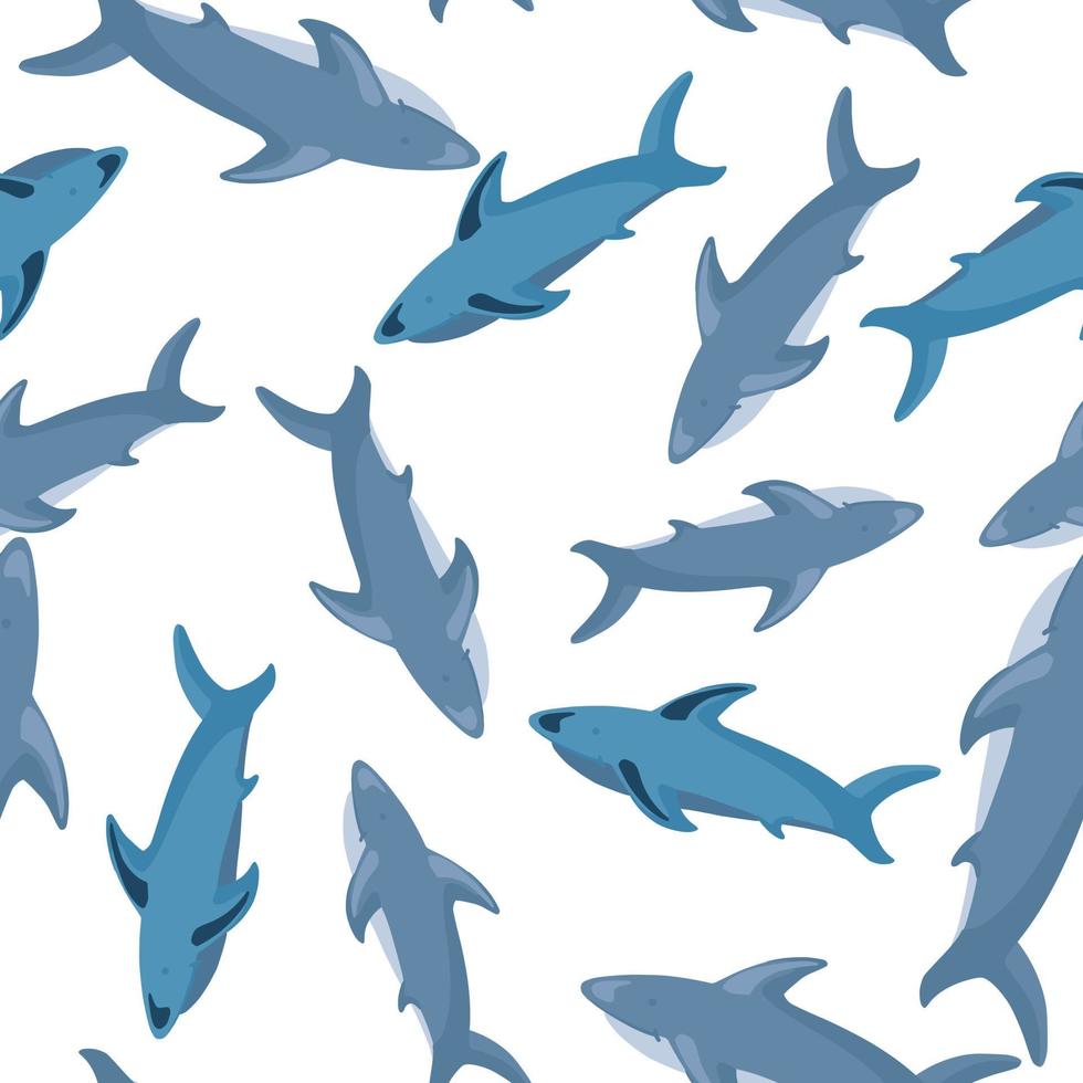 slumpmässiga sömlösa mönster med blå haj silhuetter tryck. vit bakgrund. natur djurliv print. vektor