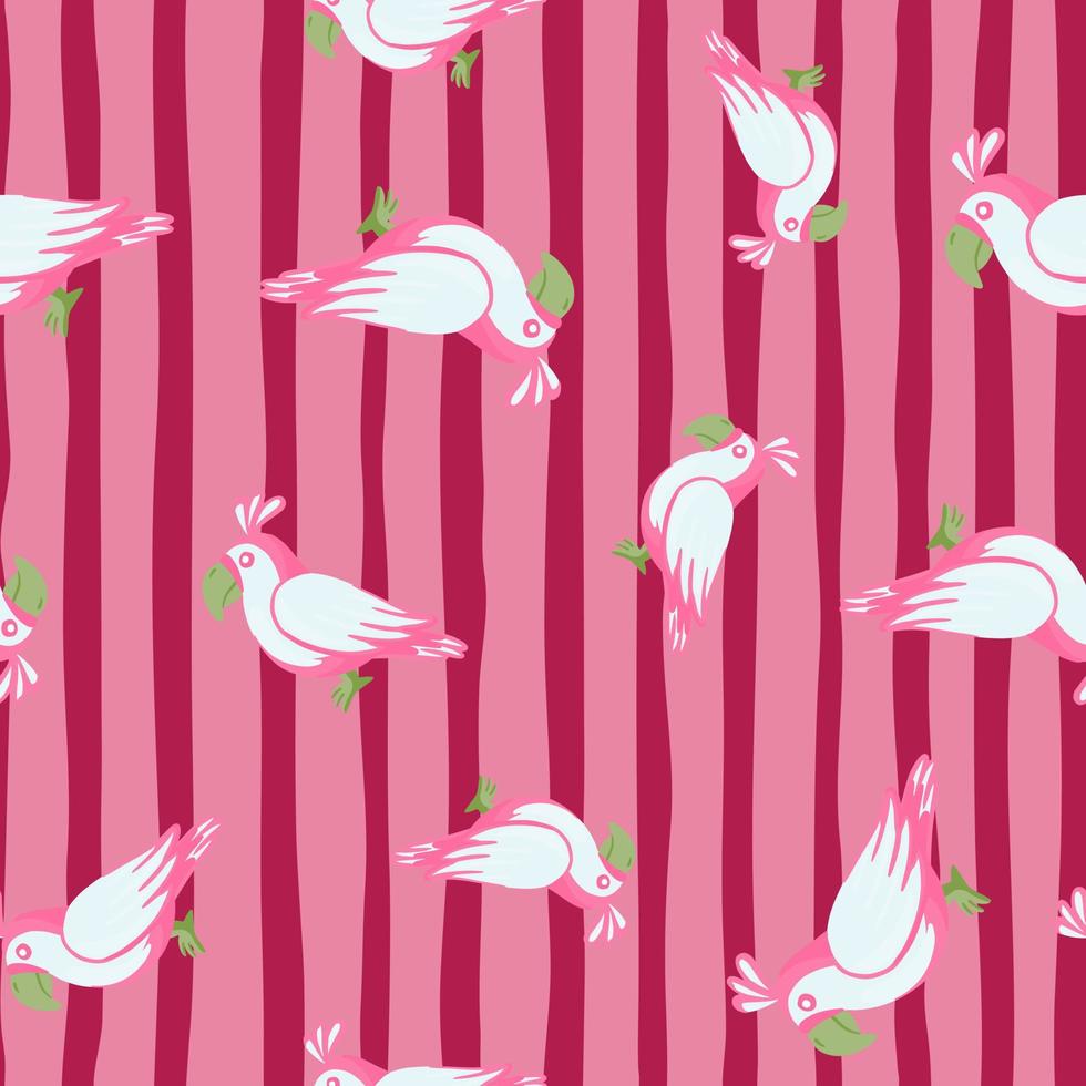 Zufälliges nahtloses Gekritzelmuster der Papageienvogelverzierung. rosa gestreifter hintergrund. einfacher lustiger Stil. vektor