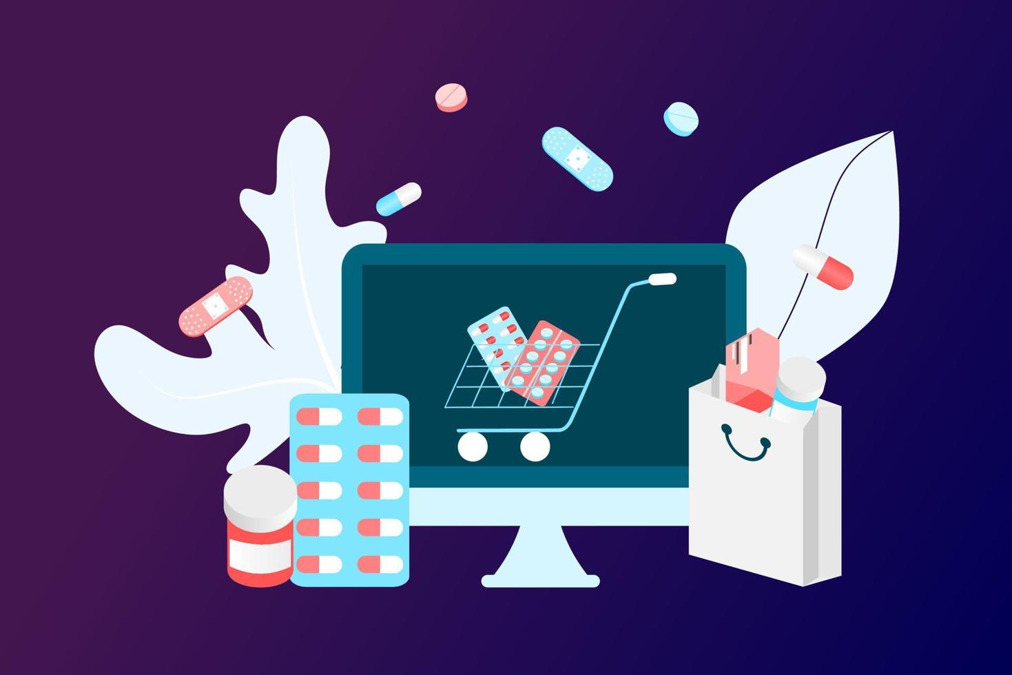onlineapotek app koncept för sjukvård, apotek och e-handel. vektorillustration av receptbelagda läkemedel, första hjälpen-kit och medicinska förnödenheter som säljs online via webben eller datorteknik. vektor
