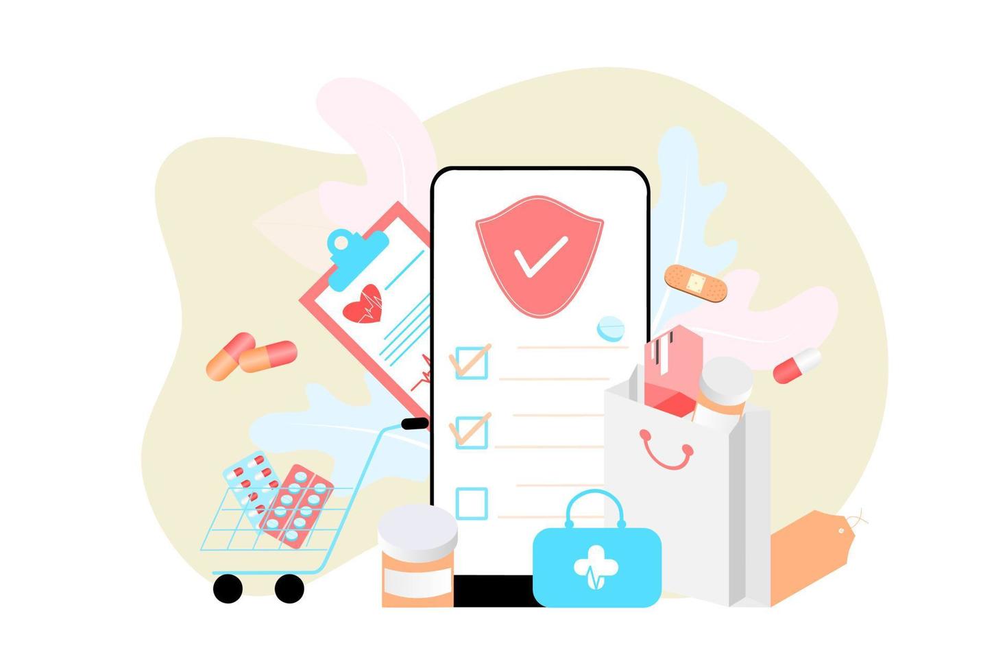 onlineapotek app koncept för sjukvård, apotek och e-handel. vektorillustration av receptbelagda läkemedel, första hjälpen-kit och medicinska förnödenheter som säljs online via webben eller datorteknik. vektor