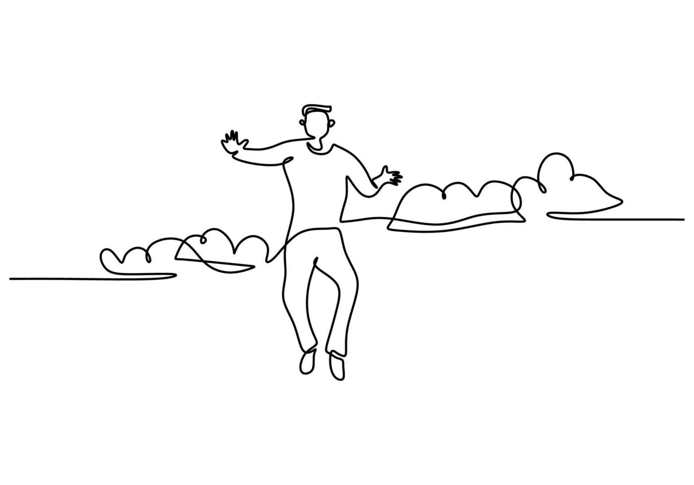 eine durchgehende einzelne Linie eines glücklichen Mannes, der auf weißem Hintergrund springt. vektor