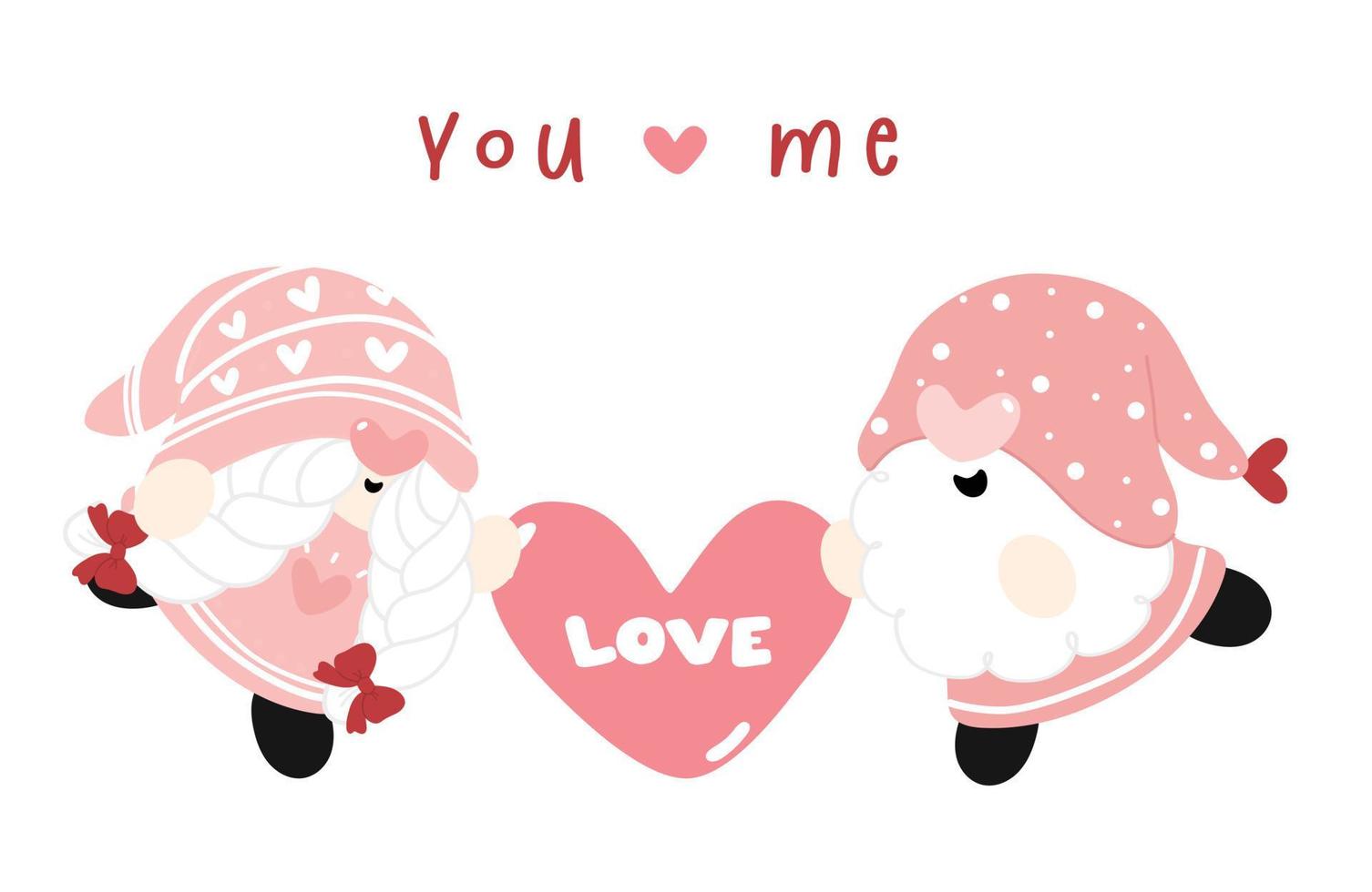 söta par valentine tomtar i förhållande håller hjärta med kärlek text, platt vektor tecknad handritad