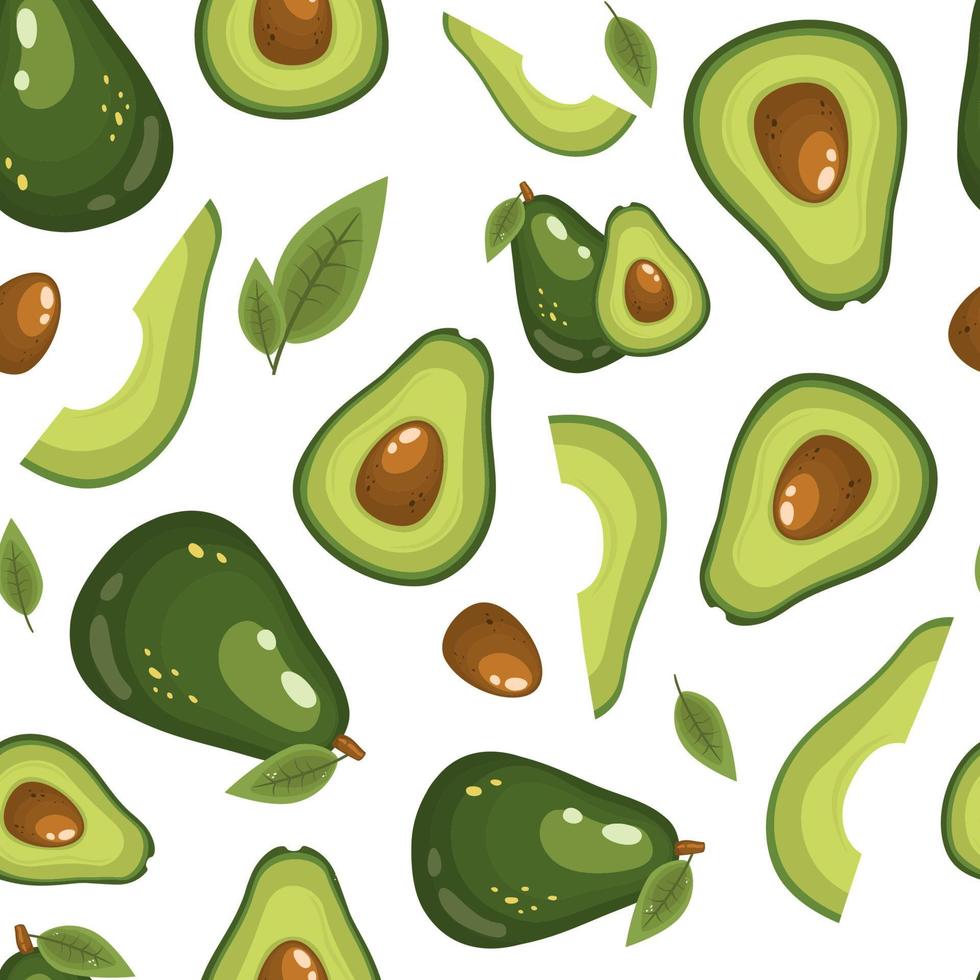 Nahtloser Hintergrund von saftigen Avocadofrüchten auf weißem Hintergrund. eine Vielzahl von reifen Scheiben, Scheiben und Hälften. Vektormuster im Cartoon-Stil für Stoff oder Verpackung vektor