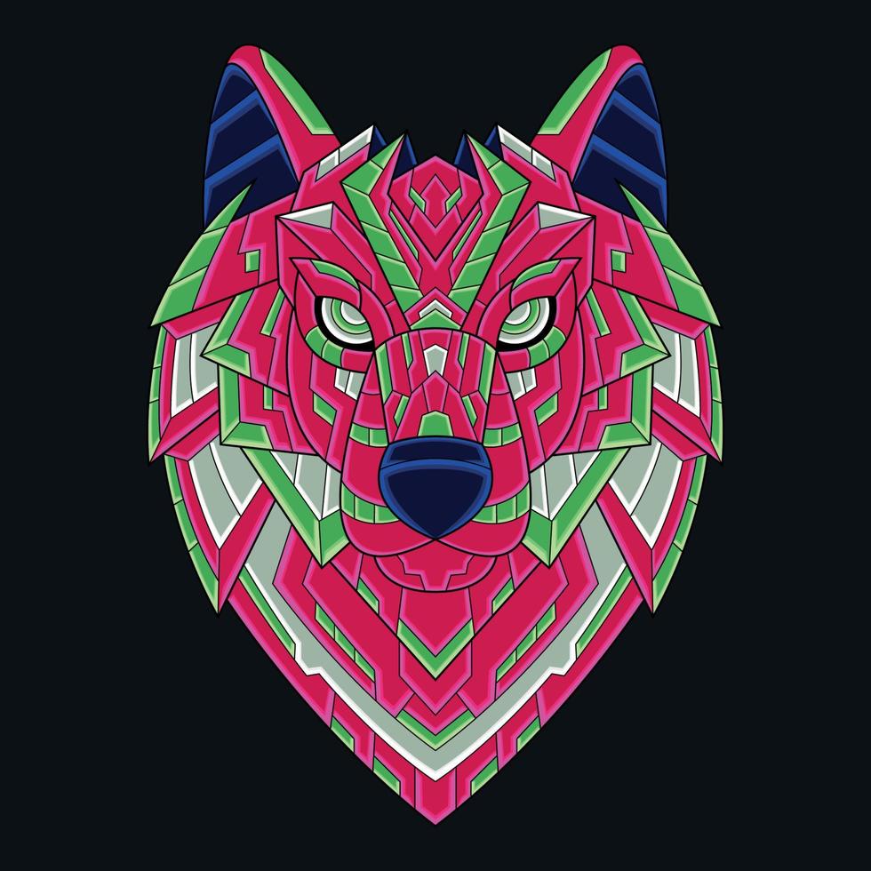 abstrakt färgglad prydnad doodle art wolf huvud illustration tecknad koncept vektor. lämplig för logotyp, tapeter, banderoll, bakgrund, kort, bokillustration, t-shirtdesign, klistermärke, omslag, etc vektor