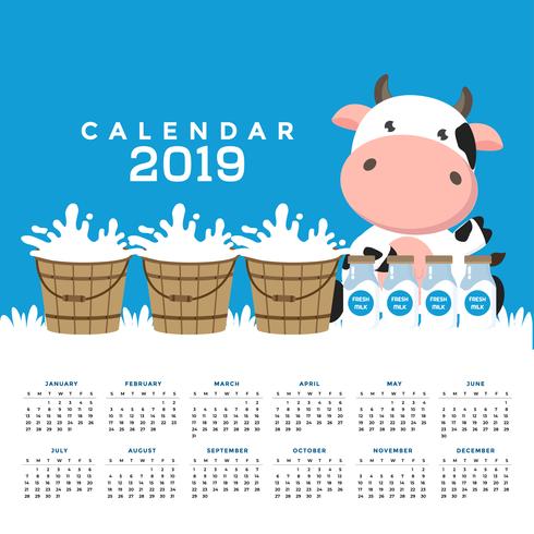 Kalender 2019 med söta kor. vektor