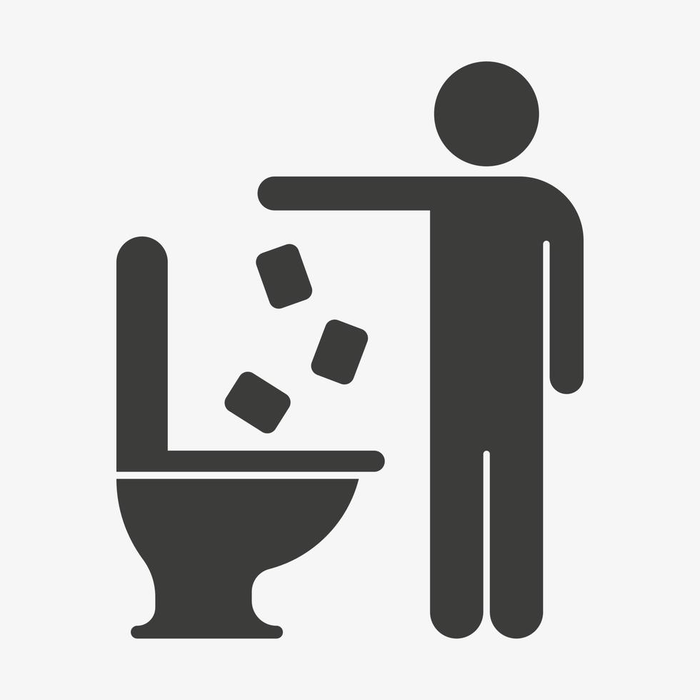 Vektorsymbol, das Toilettenpapier in die Toilette wirft. Müll ins Toilettenpiktogramm. Verunreinigung im Toilettenvektorsymbol lokalisiert auf weißem Hintergrund. vektor