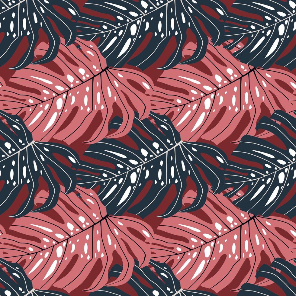 helles abstraktes tropisches nahtloses muster mit monstera-blättern. exotischer Blattdruck in Pink und Marineblau. vektor