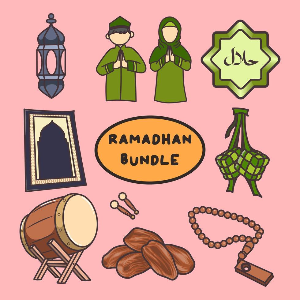 ramadhan set objekt illustration vektor. med dadelpalm, moskétrumma, bönematta. söt doodle islamisk vektor. passar för islamisk dekoration, islamisk design, islamisk bakgrund vektor