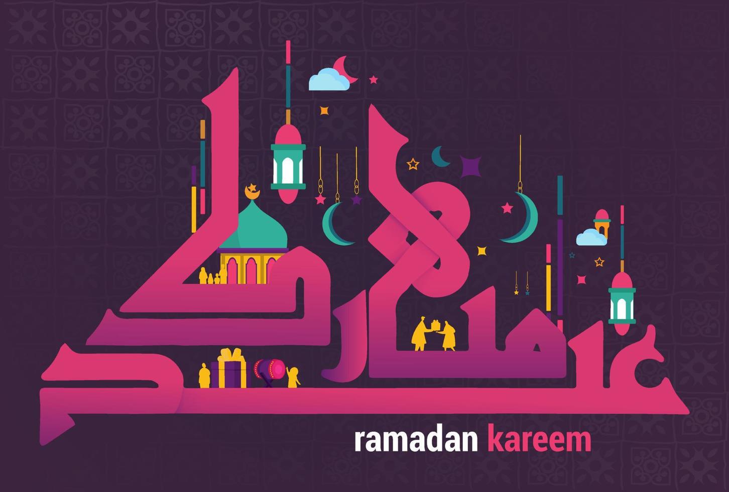 ramadan kareem in niedlicher arabischer kalligrafie mit farbenfrohem design, laternensymbol und muslimischer aktivität. vektor