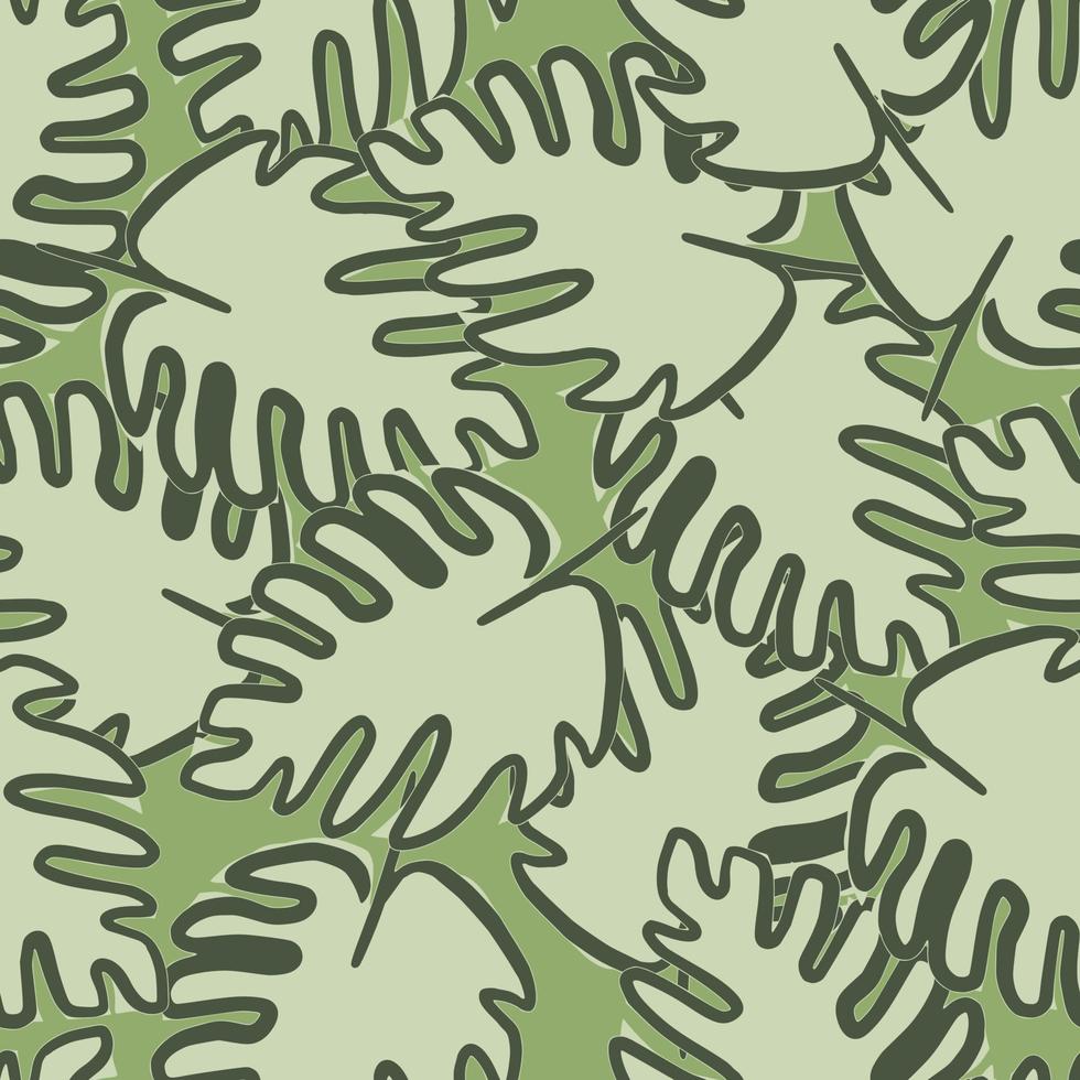 kontur monstera leaf seamless mönster på grön bakgrund. tropiska löv vektorillustration. exotisk djungel tapeter. vektor