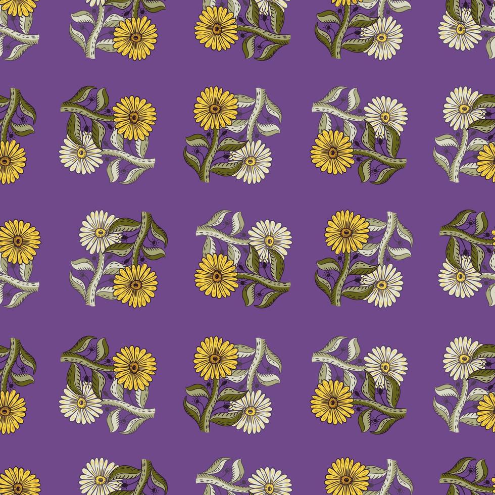 pflanzen nahtloses muster mit grauem und gelbem sonnenblumenformdruck. lila Hintergrund. blühende Kulisse. vektor