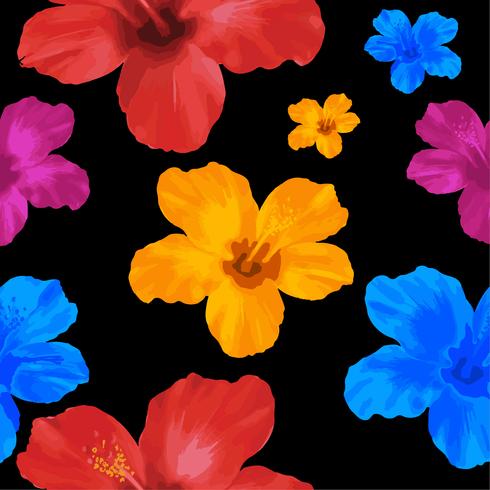 Gelbe, blaue und rote Hibiscusblumen, nahtloses mit Blumenmuster Auch im corel abgehobenen Betrag auf schwarzem Hintergrund. vektor