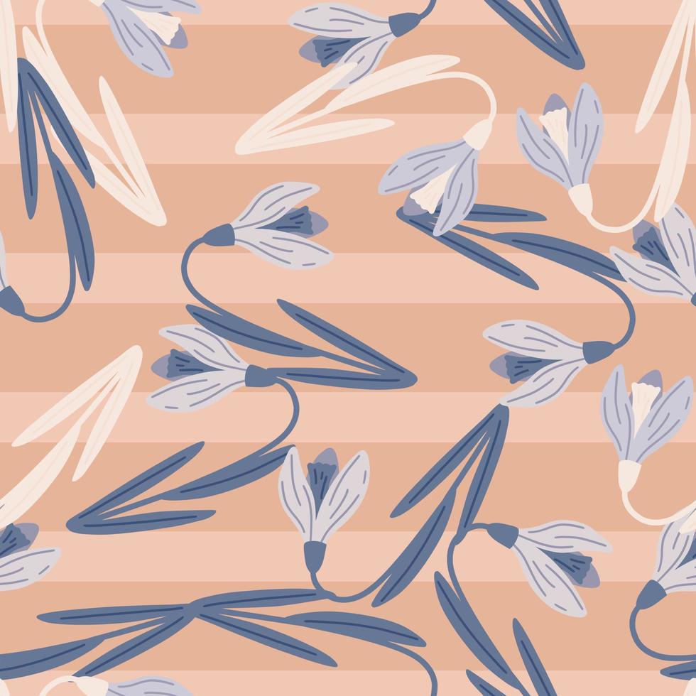 Zufälliges abstraktes botanisches nahtloses Muster mit blauem Schneeglöckchen-Ornament. Pastellrosa gestreifter Hintergrund. vektor
