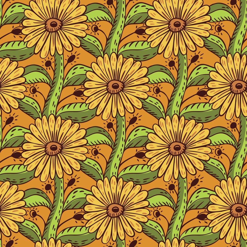 botanische sonnenblumenelemente nahtloses muster im handgezeichneten botanikstil. orangefarbener Hintergrund. grüne Blätter. vektor
