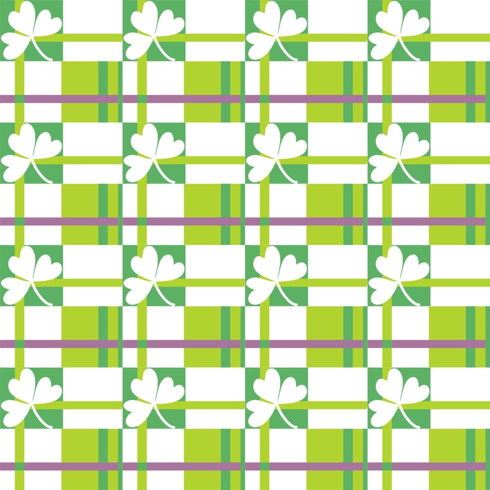 klöver lucky leaf st. patrick day sömlösa mönster i rutig schackstil med vitklöverblad på ljusgrön och mörkgrön fyrkant. mönster för tyg eller papper vintage retrostil bakgrund vektor
