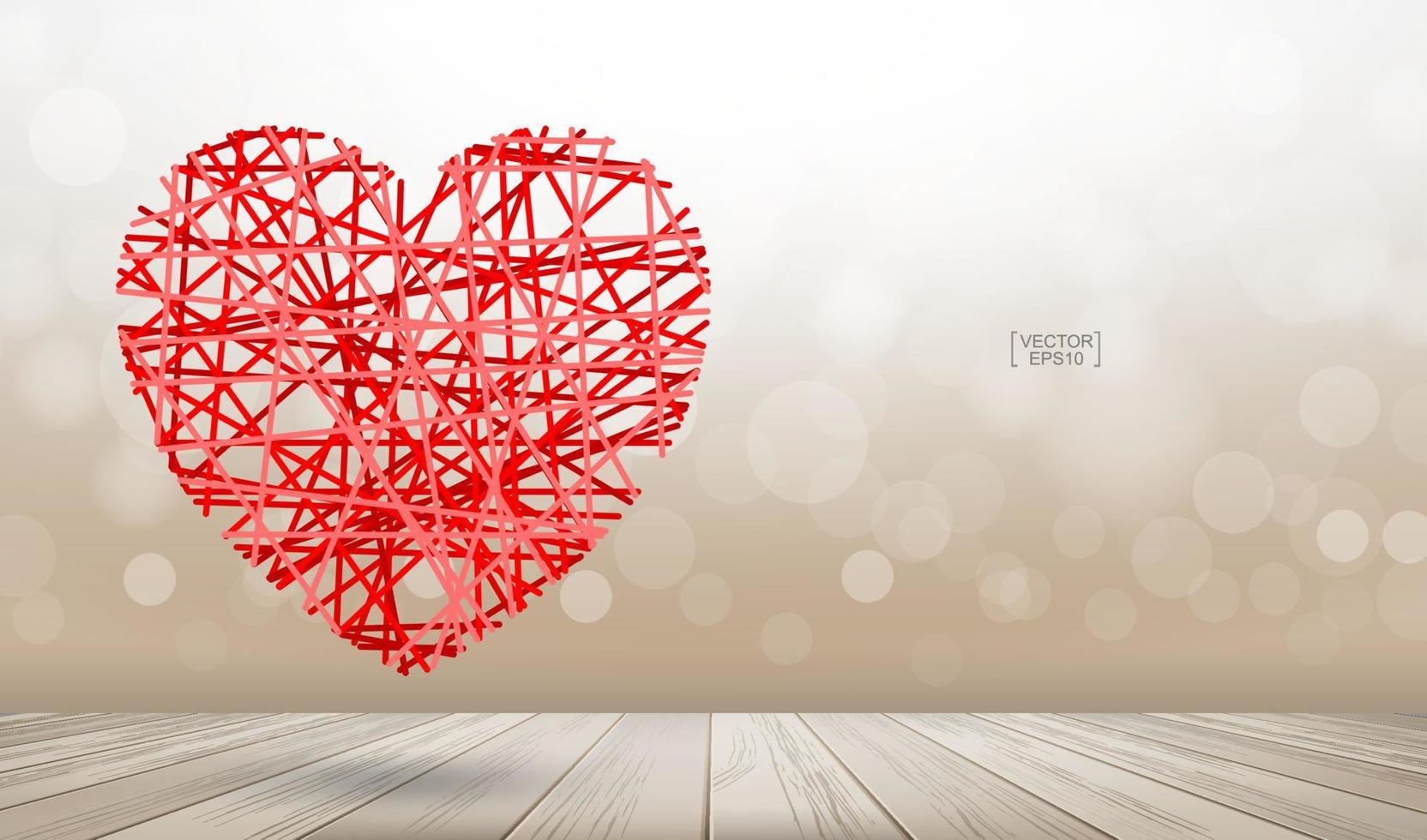 abstrakt rött hjärta flyter över trä textur bakgrund med ljus suddig bokeh. vektor. vektor