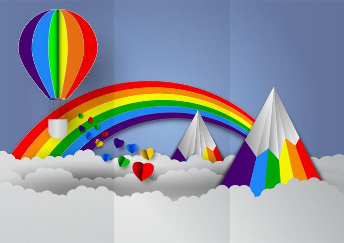 Pappersskuren hjärtform med regnbågens färger för regnbåge och ballonger för LGBT eller GLBT stolthet, eller lesbisk, gay, bisexuell, transgender, på blå bakgrund vektor