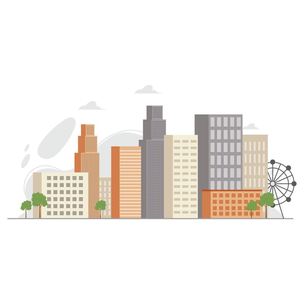 Stadtbild oder Innenstadtlandschaft mit Türmen, Wolkenkratzern, Bürogebäuden und Geschäftszentren unterschiedlicher Größe. metropole oder megalopolis-vektorillustration im flachen stil. vektor