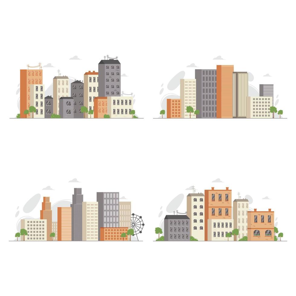 stad landskap platt vektor illustration set. metropol med låg- och höghus. megalopolis med torn och skyskrapor. stadskärna eller centrumområde med många byggnader.