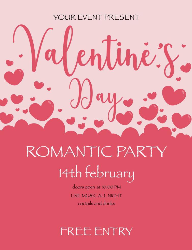 saint alla hjärtans dag romantisk fest inbjudan banner med moln av röda hjärtan. 14 februari festmall för nattklubben eller live dj musikalisk kväll. vektor illustration i platt stil.